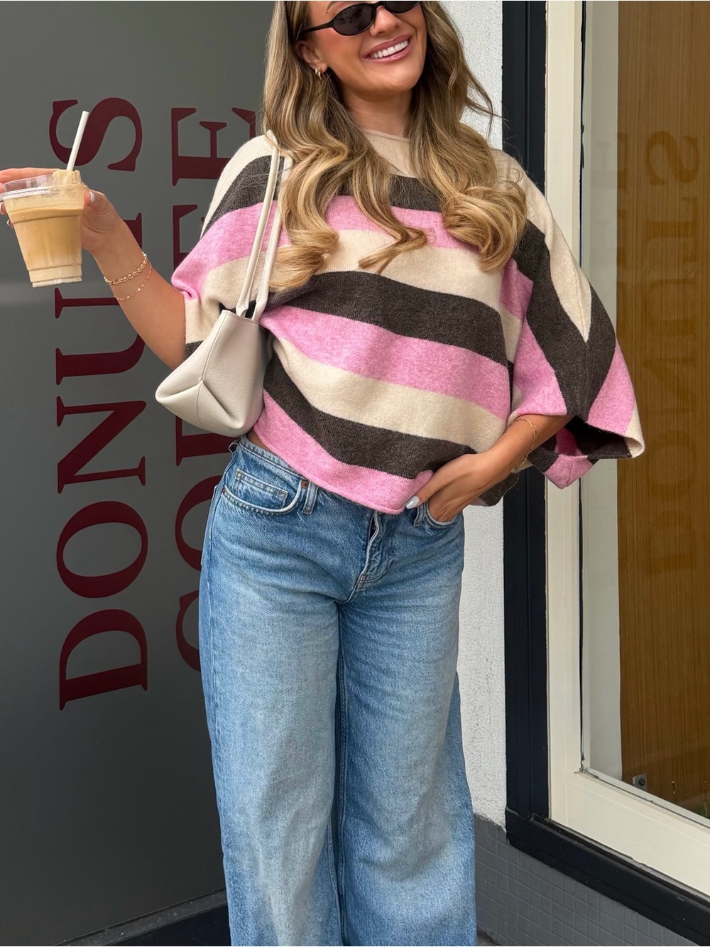 Striped Batwing Sweater in Pink, Black & Cream -